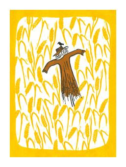 Linocut depicting a scarecrow in a yellow field. 