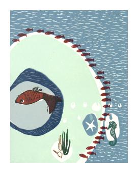 Linocut depicting an under the water perspective with one large fish, several smaller fish, and a seahorse. Seafoam, blue, green, and red. 