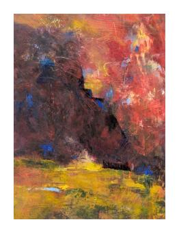 Cold wax in dark brown, red, and a yellow shade abstracted with blue hues throughout. 