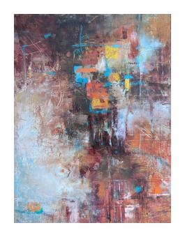 Cold wax depicting abstracted shapes in blues and browns. 