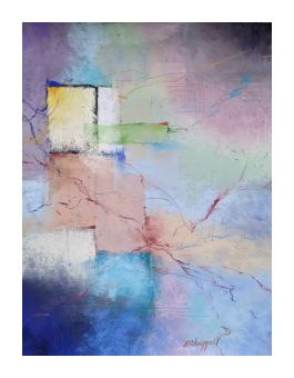 Pastel depicting a blending of soft pinks, greens, blues, with geometric shapes and veins throughout. 