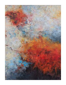 Cold wax depicting an almost cloud-esque blend of bright red & orange, blue & white