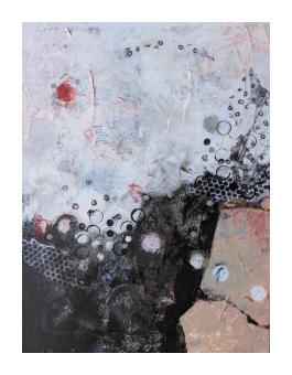 Mixed media piece in black and white, spattered with white uniform dots on the black half of the painting, and black uniform circles on the white half