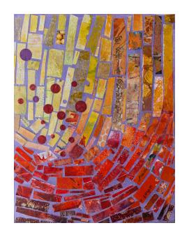 Acrylic collage in a gradient from red-orange-yellow with purple grout. 