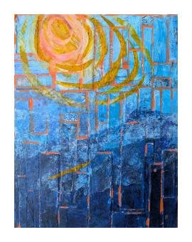 Mixed media collage depicting rectangles of deeper blue to lighter blue making up the sky. In the top left corner of the image is a sun, swirling out 
