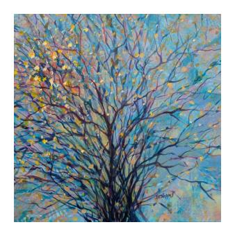 Acrylic painting depicting a bare tree in winter, indicated in blue