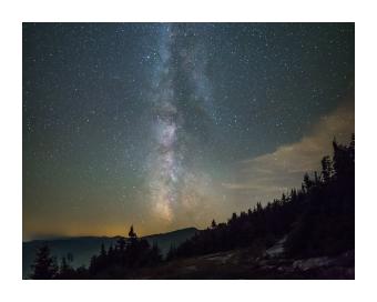 Photograph depicting the Mansfield Milkyway from a forested ground spot. 