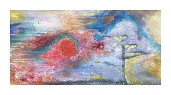 Abstract strokes done from side to side in reds, teals, blues, and yellows. 
