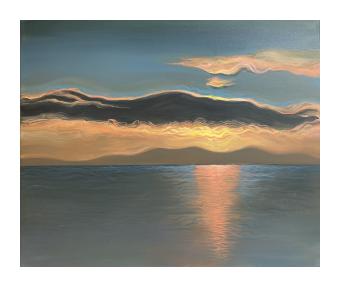 Painting of a landscape view across the lakefront where mountains hold high in the sky. Primarily done in blue, orange, and black. 