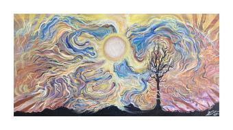 Painting depicting a bare landscape minus one tree done in silhouetted black, where the background is a almost sentient moving orb of yellow light with wings of blue, purple, yellow, and orange.