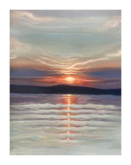 Landscape depicting a view of the sunset across a beach & water, done in primarily purples, soft blues, and oranges. 