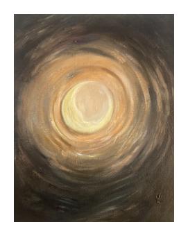 Painting depicting an orb of light in orange where the further the ccanvas goes, the lesser the impact is, resulting in brown. 