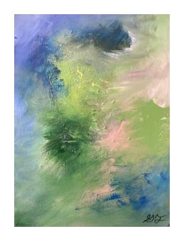 Painting done in blending colors of spring - blue, light pink, light green