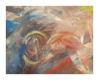 Abstract painting done in grounded, brown and red tones with splashes of blue -- the strokes go from straight and sharp to circular. 