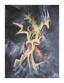 Painting depicting a lightning storm where the background cloud is done in heavy black and greys, stricken apart by the lighting in a bright shade of yellow. 