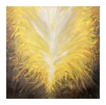 Painting done to represent summer where the background is a deep brown and the center is a vegetal shape sprawling out that uses a deep yellow and a soft yellow at its center. 