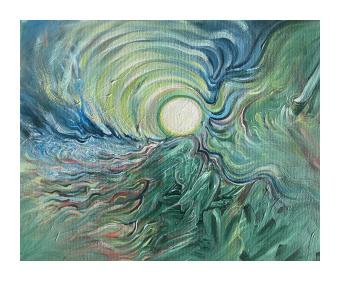 Painting depicting the eye of the storm where blues, teals, and greens swirl around an almost white sphere. 