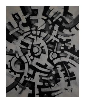 Black and white abstract painting of geometric swirls toward the center. 