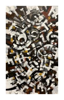 Black, white, brown, and orange abstract painting. 