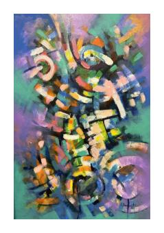 Colorful and vibrant abstract painting where the shapes in the center are 'blended' in by purple, teal, and blue. 