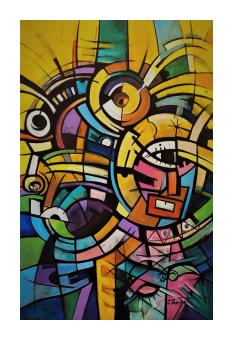 Abstract painting of two figures done in a style resembling cubism with vibrant shades of blue, red, pink, yellow, and etc. 
