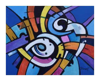 Abstract painting depicting geometric swirls in vibrant shades of blue, yellow, orange, pink, and white. 