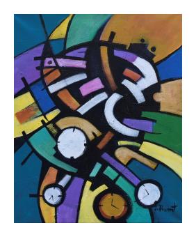Abstract painting depicting geometric shapes and abstract clocks. 
