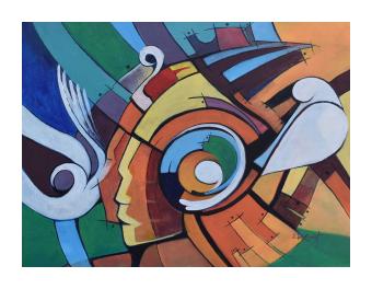 Abstract painting depicting a swirling, flowing motion to the right side of the canvas. 