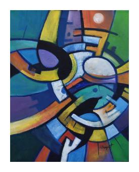 Colorful abstract piece where swirls and geometric swirls converge. 