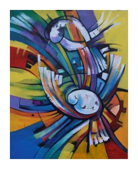 Colorful abstract painting depicting the fluid motion of the wind in bird-like gestures. 