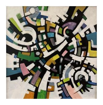 Abstract acrylic done in green, orange, purple, pink, blues, etc, on a white background in blocky swirls. 
