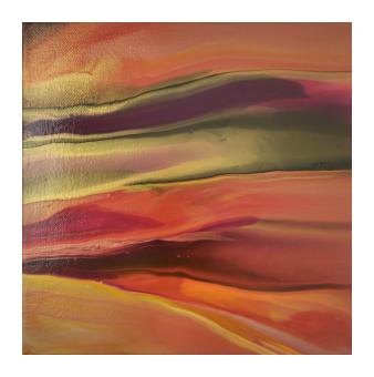 Acrylic fluid from left to right in deep magenta, gold, orange, and red. 