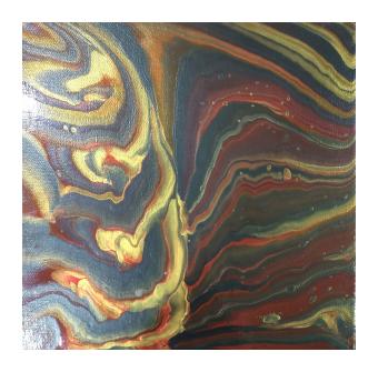 Acrylic pour of gold, grey-blue, and rust red swirling into each other. 
