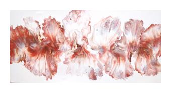Acrylic pour of rust red that resembles leaves on a stark white background. 