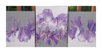 Acrylic canvas depicting three purple irises -- upside down, upright, and upside down again. 
