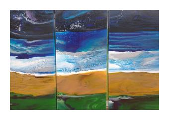 Acyrlic depicting the sea crashing against the shore in vibrant blues. 