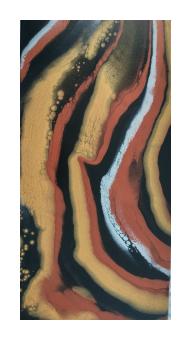 Acrylic depicting a fluid motion in old, rust red, gold, black, and light blue.  