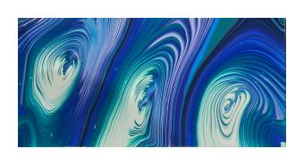 Acyrlic depicting three fluid & circular motions alongside each other, the shades of blue going lighter in the centers. 