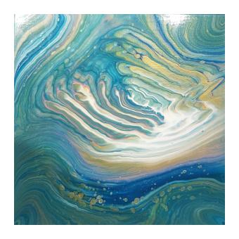 Acrylic depicting a fluid pour of teal, blue, white, and gold. 