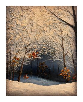 Painting depicting a clearing in a snowy forest. 