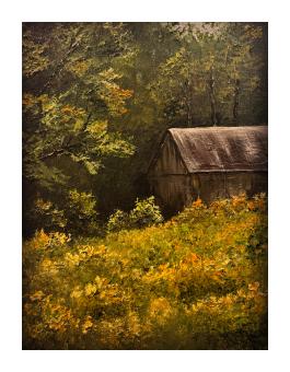Painting depicting a hidden farm building among a vibrant field of grass and goldenrods. 