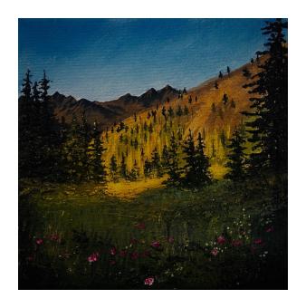 Painting of a mountain ridge where sun is coming over the ridge, bathing the green trees and grass in yellow. 