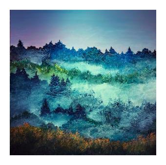 Photograph of an autumn forest with the tones flipped -- now in greens and blues. 