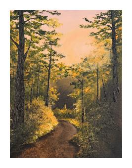 Acrylic painting depicting a pathway through a forest at sunset, the green trees bathed in yellows. 