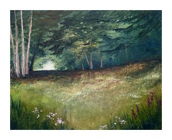 Painting depicting a clearing through the woods. 