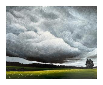 Painting depicting a storm cloud descending onto a green knoll.