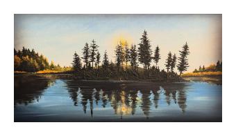 Painting depicting a lakefront at sunset where trees reflect into the water's surface. 