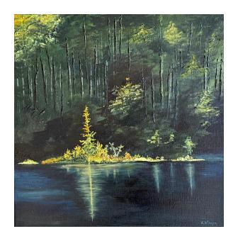 Painting depicting a forest at the edge of a deep blue water.