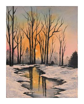 Photograph depicting a sunset on a snowy setting, trees bare, with the trees reflecting into a river at the center of the painting. 