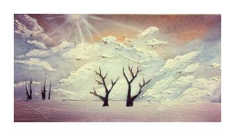 painting depicting a snowy landscape, where both trees and ground are covered. 